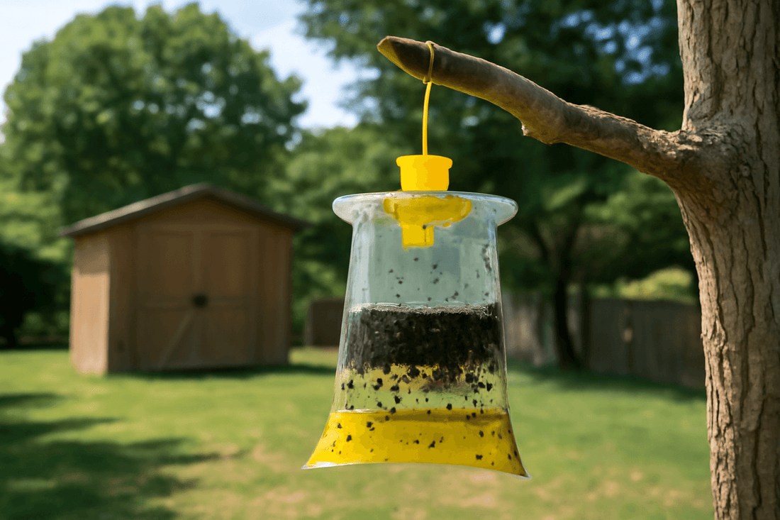 Fly Trap Bag hanging on a tree