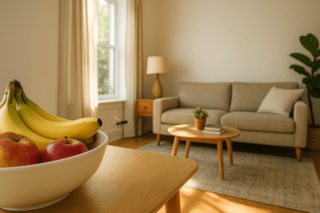 a fly flies around the fruit