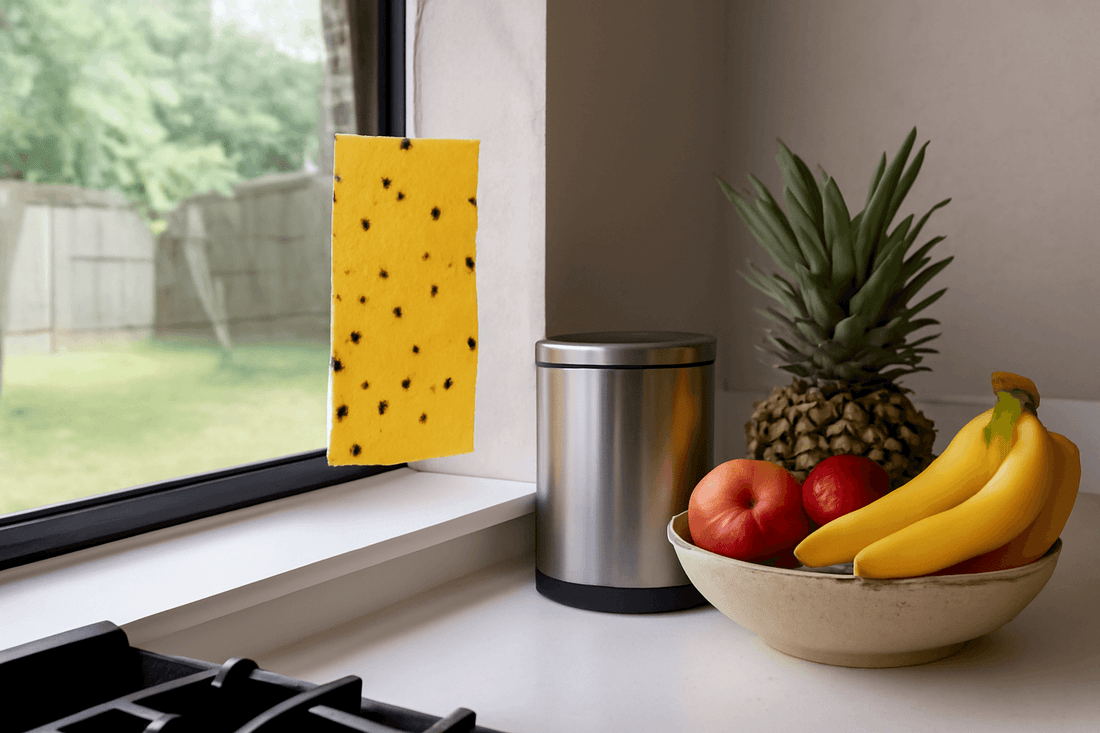 sticky fly trap beside fruits