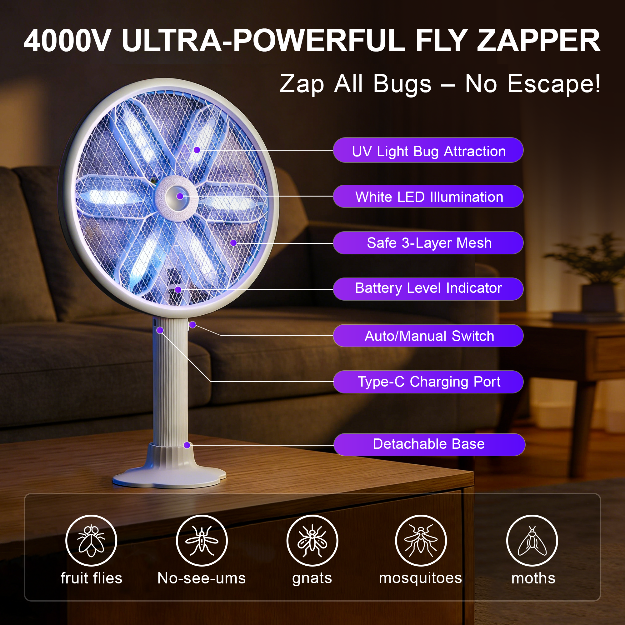 Rotating Head Electric Fly Swatter for Indoors with 16–40" Telescopic Handle, 4000V 2-in-1 UV USB Rechargeable Bug Zapper Indoor Outdoor, Fly Mosquito Zapper Killer Catcher Trap for Ceilings and Walls