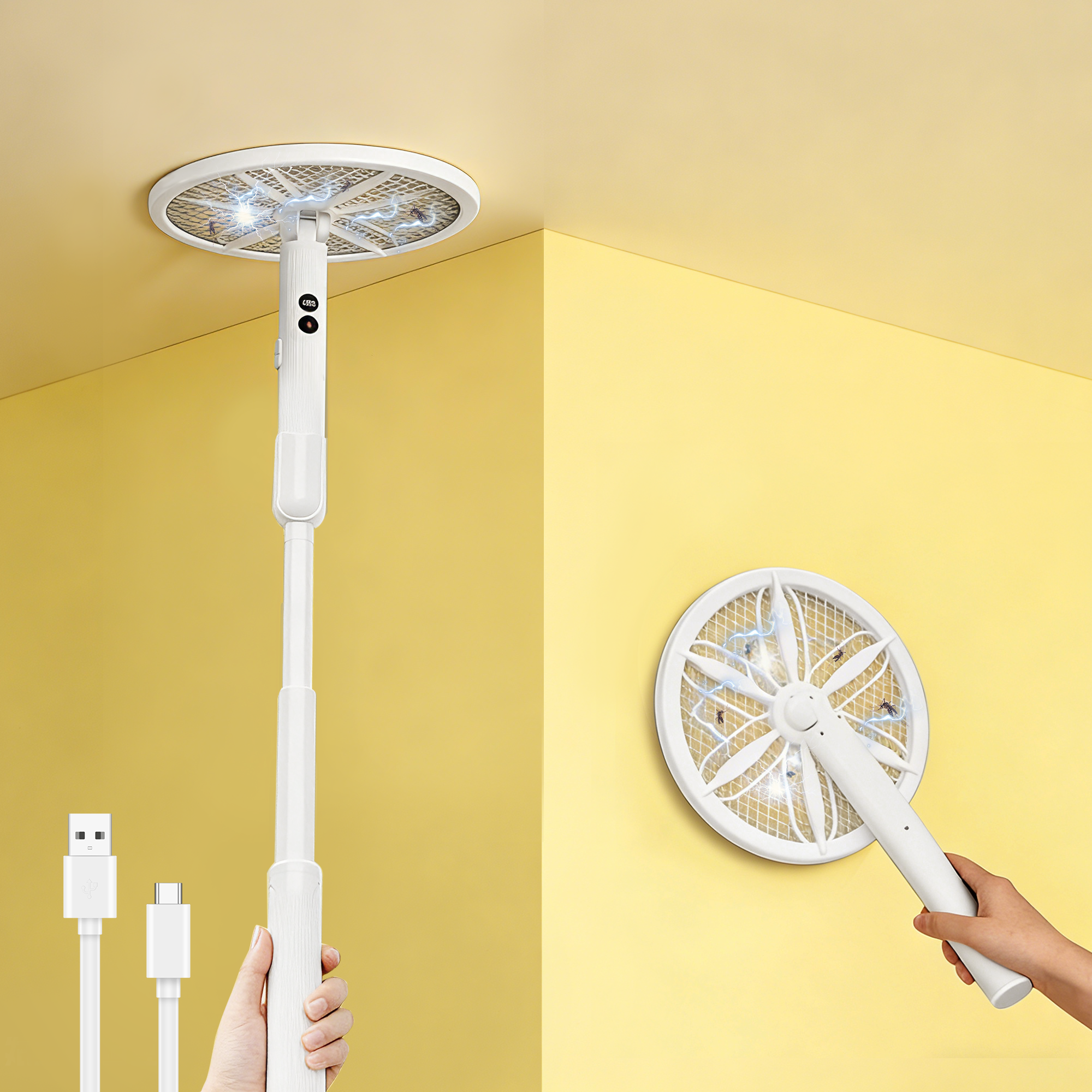 Rotating Head Electric Fly Swatter for Indoors with 16–40" Telescopic Handle, 4000V 2-in-1 UV USB Rechargeable Bug Zapper Indoor Outdoor, Fly Mosquito Zapper Killer Catcher Trap for Ceilings and Walls