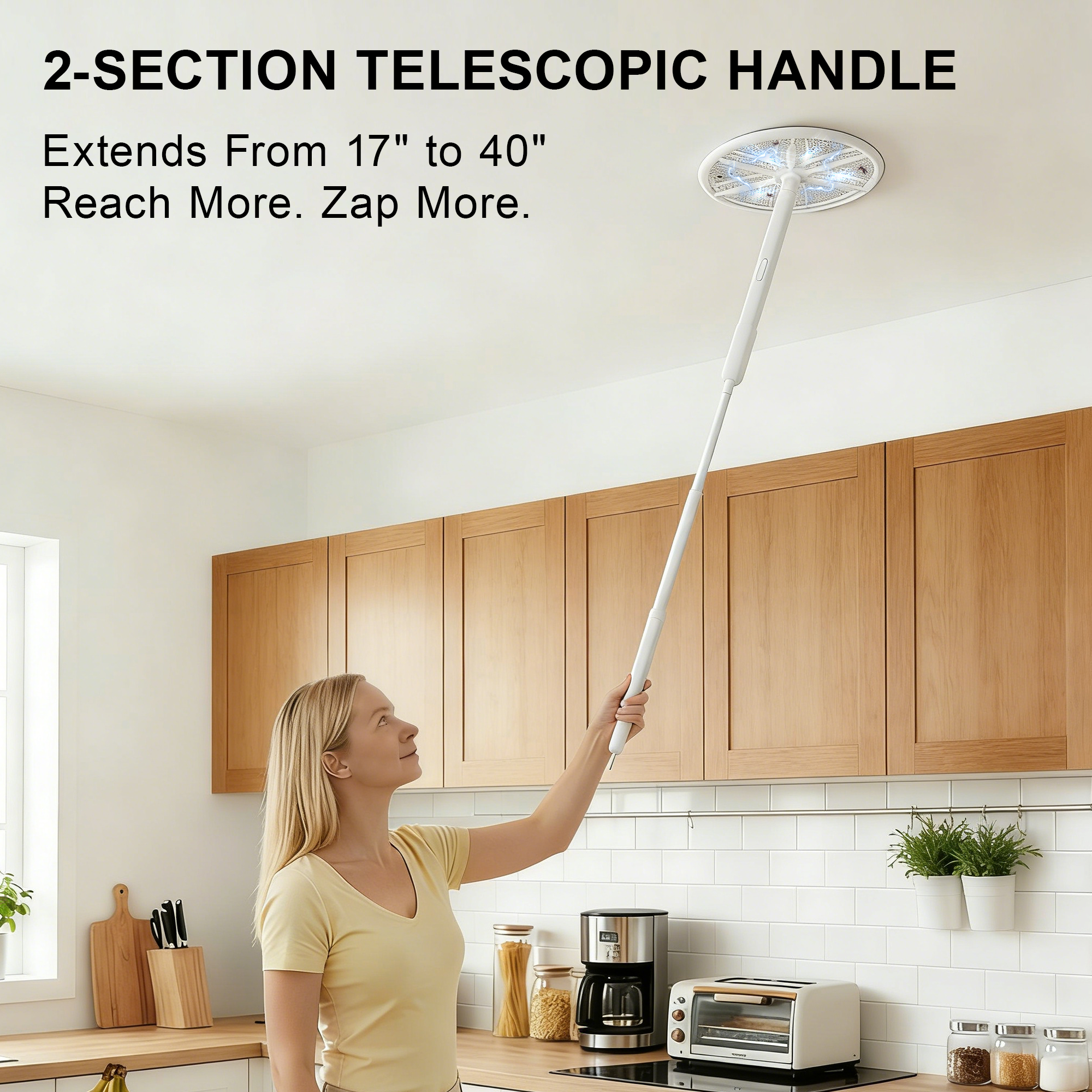 Rotating Head Electric Fly Swatter for Indoors with 16–40" Telescopic Handle, 4000V 2-in-1 UV USB Rechargeable Bug Zapper Indoor Outdoor, Fly Mosquito Zapper Killer Catcher Trap for Ceilings and Walls