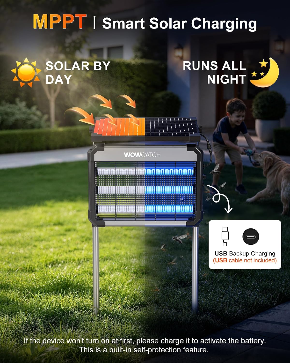 4500V Solar Bug Zapper Outdoor, 3 UV Tubes Mosquito Trap Rechargeable | IPX5 Waterproof, 5200 mAh, 1/2 Acre Coverage, Electric Fly Zapper, Cordless UV Bug Trap for Patio, Backyard, 11W Solar Panel
