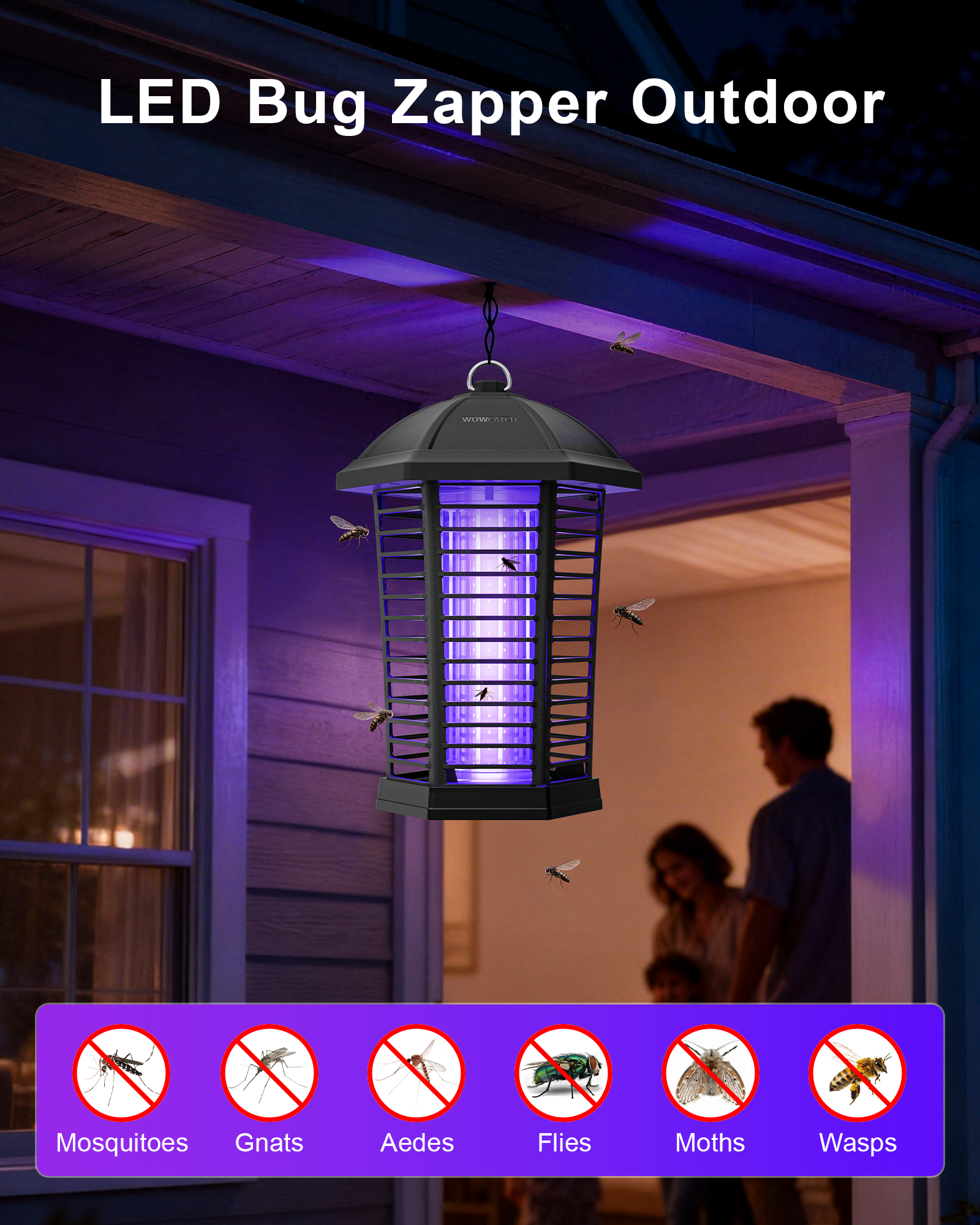 WowCatch Upgraded LED Bug Zapper Outdoor Indoor, Up to 50,000 Hours Lifespan (No Bulb Replacement), 4200V Powerful Mosquito Zapper, Electric Fly Trap Killer for Patio, Backyard, Home, Camping