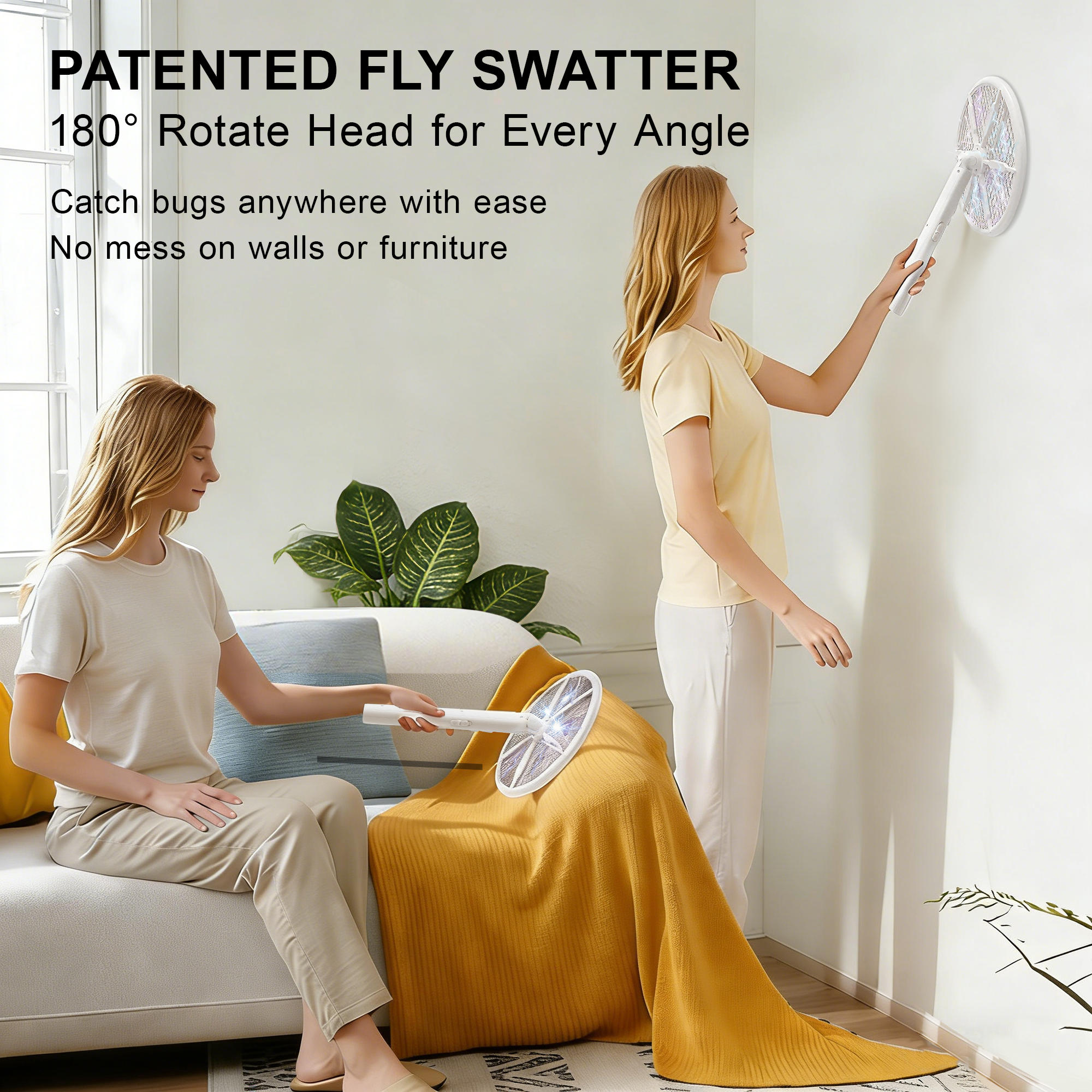 Rotating Head Electric Fly Swatter for Indoors with 16–40" Telescopic Handle, 4000V 2-in-1 UV USB Rechargeable Bug Zapper Indoor Outdoor, Fly Mosquito Zapper Killer Catcher Trap for Ceilings and Walls