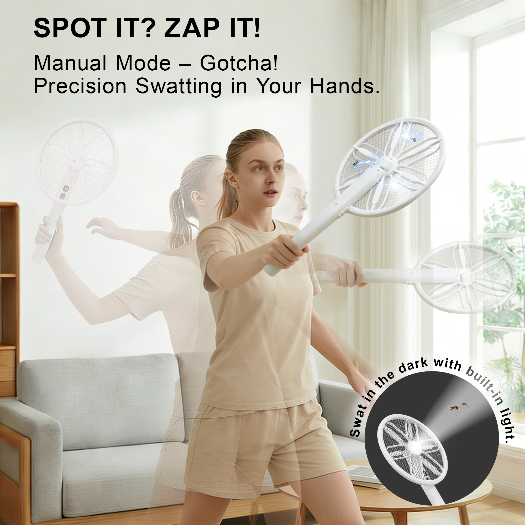 Rotating Head Electric Fly Swatter for Indoors with 16–40" Telescopic Handle, 4000V 2-in-1 UV USB Rechargeable Bug Zapper Indoor Outdoor, Fly Mosquito Zapper Killer Catcher Trap for Ceilings and Walls