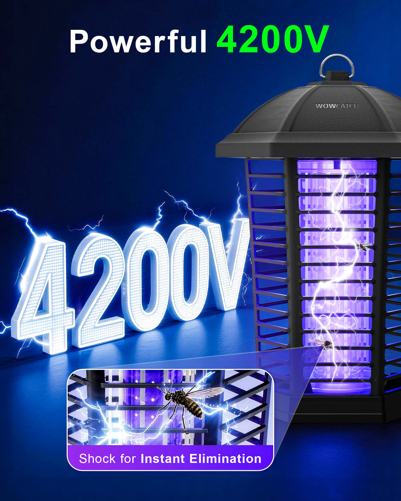 WowCatch Upgraded LED Bug Zapper Outdoor Indoor, Up to 50,000 Hours Lifespan (No Bulb Replacement), 4200V Powerful Mosquito Zapper, Electric Fly Trap Killer for Patio, Backyard, Home, Camping