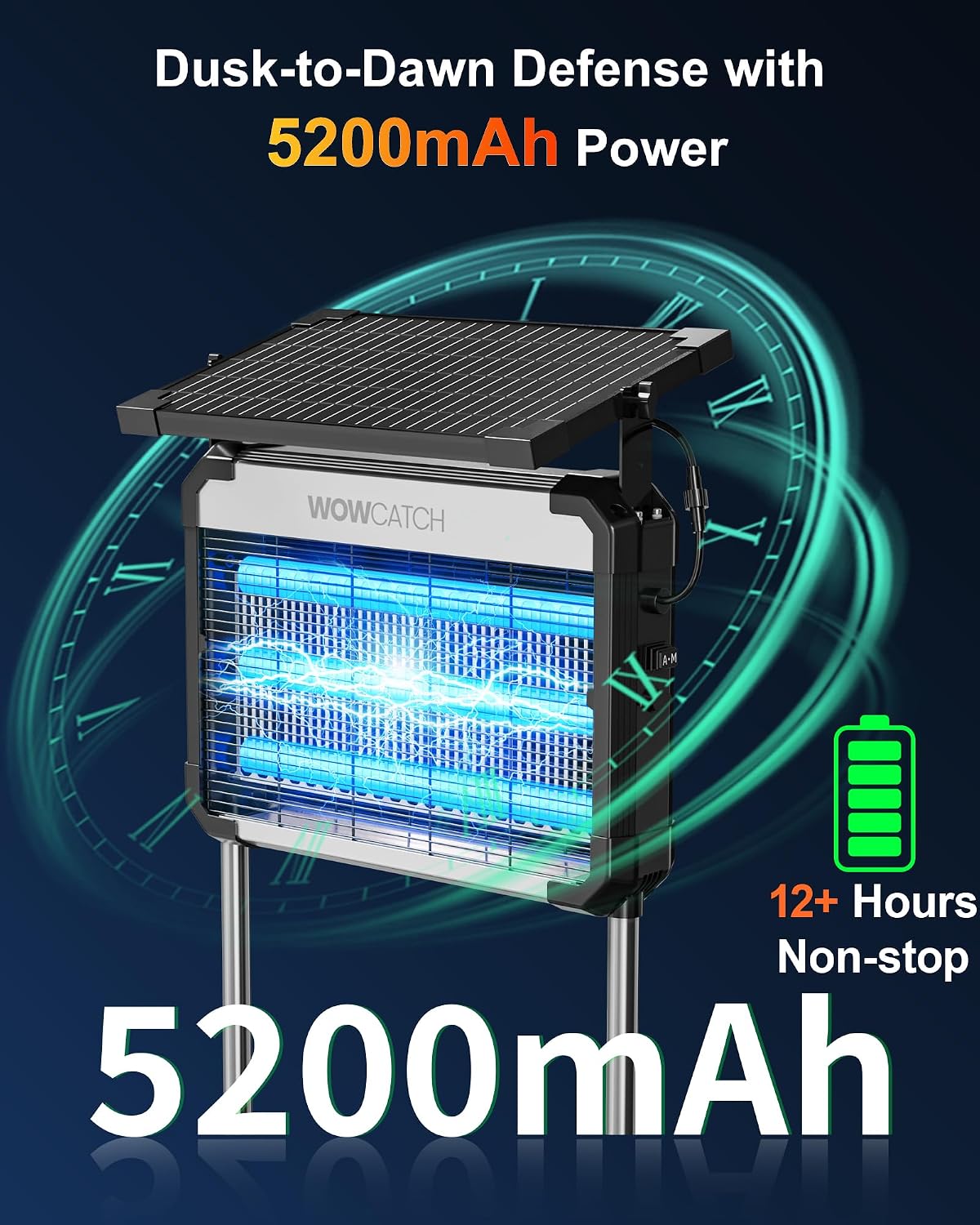 4500V Solar Bug Zapper Outdoor, 3 UV Tubes Mosquito Trap Rechargeable | IPX5 Waterproof, 5200 mAh, 1/2 Acre Coverage, Electric Fly Zapper, Cordless UV Bug Trap for Patio, Backyard, 11W Solar Panel