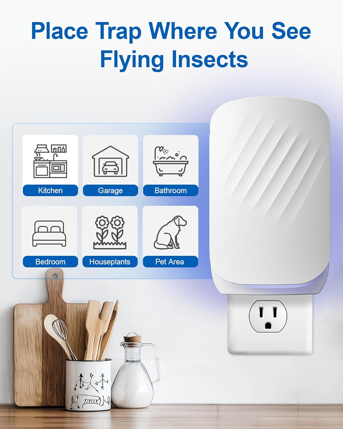 Flying Insect Trap: Plug-in Fly Trap for Fruit Flies, Gnats, Moths & House Flies - Silent UV Light Indoor Bug Catcher for Home, Kitchen & Pet Area, Chemical-Free & Non-Toxic Safe for Kids & Pets, Includes 5 Refillable Sticky Glue Boards, Easy to Use