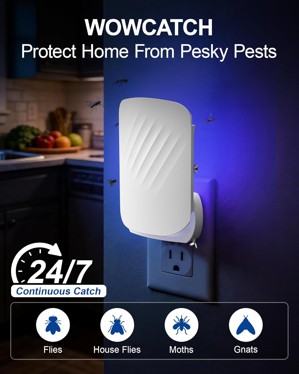 Flying Insect Trap: Plug-in Fly Trap for Fruit Flies, Gnats, Moths & House Flies - Silent UV Light Indoor Bug Catcher for Home, Kitchen & Pet Area, Chemical-Free & Non-Toxic Safe for Kids & Pets, Includes 5 Refillable Sticky Glue Boards, Easy to Use