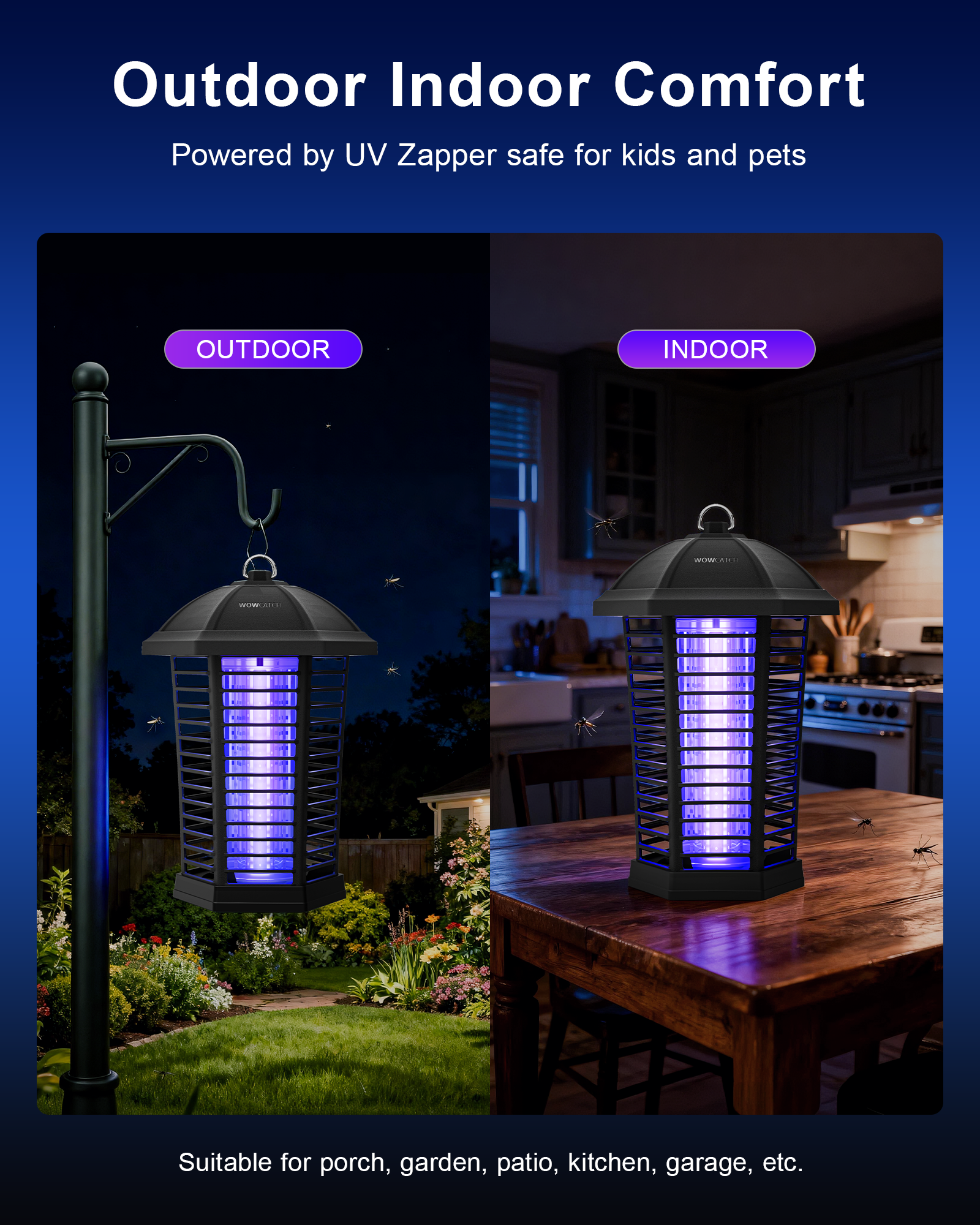 WowCatch Upgraded LED Bug Zapper Outdoor Indoor, Up to 50,000 Hours Lifespan (No Bulb Replacement), 4200V Powerful Mosquito Zapper, Electric Fly Trap Killer for Patio, Backyard, Home, Camping