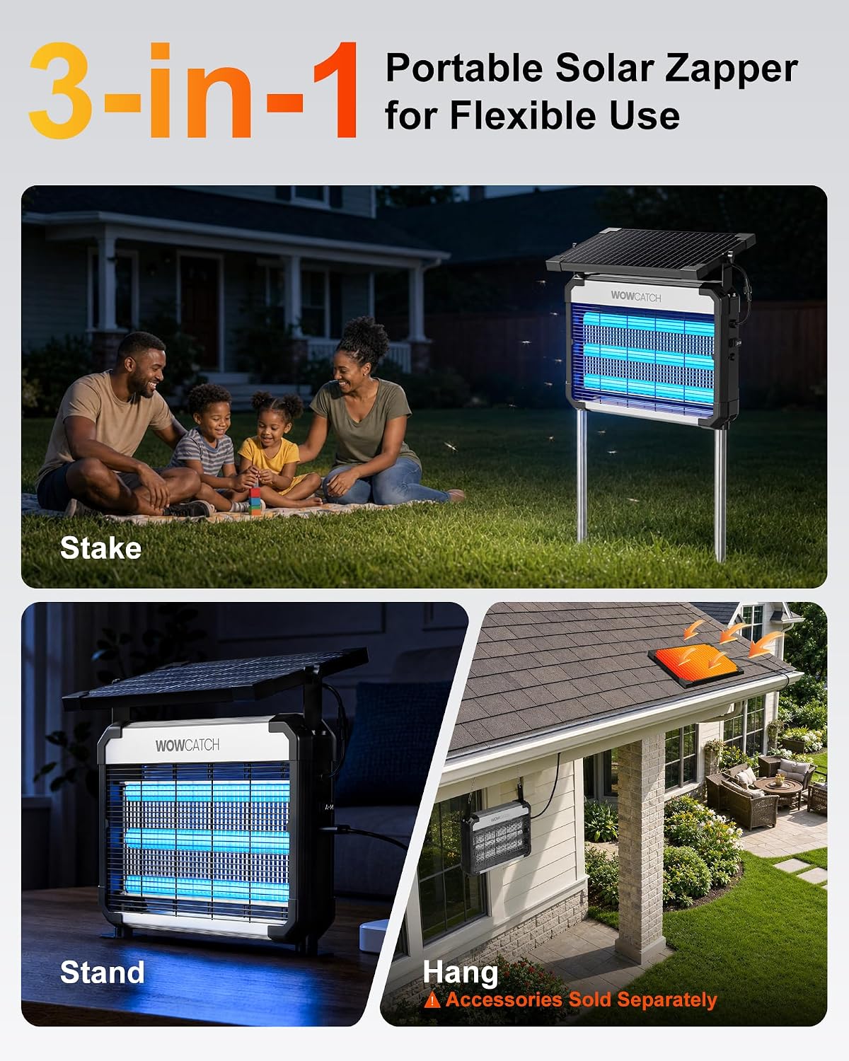 4500V Solar Bug Zapper Outdoor, 3 UV Tubes Mosquito Trap Rechargeable | IPX5 Waterproof, 5200 mAh, 1/2 Acre Coverage, Electric Fly Zapper, Cordless UV Bug Trap for Patio, Backyard, 11W Solar Panel